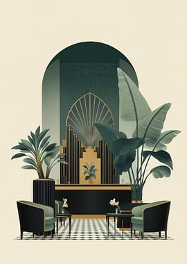 Art Deco Lobby with Plants and Chairs