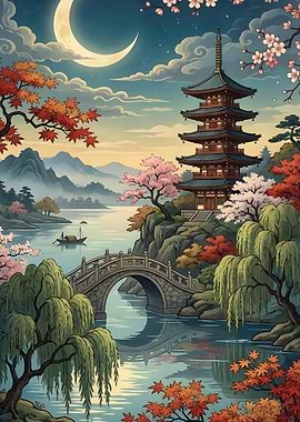 Pixel Art Japanese Pagoda Landscape