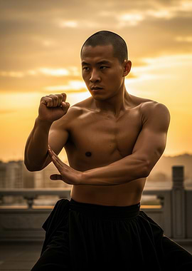 Martial Artist Poses at Sunset