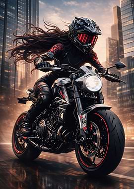 Woman on a Motorcycle in a City