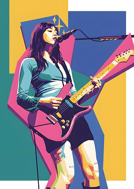Woman playing guitar on stage