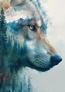 Wolf with Forest and Mountains Overlay