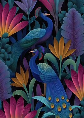 Two Peacocks in a Tropical Jungle