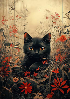 Black Cat in a Field of Flowers