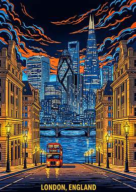 London Skyline with Double Decker Bus