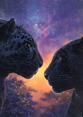 Two Black Panthers Under a Starry Sky