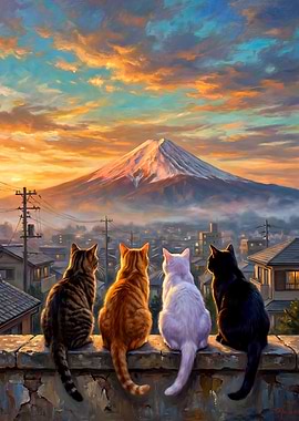 Team Cat Looking Sunset Mount Fuji