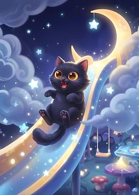 Cute Black Cat on a Moon Slide