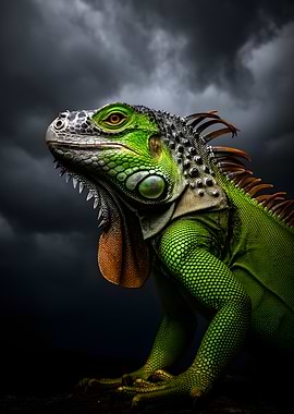 Green Iguana Against Dark Sky