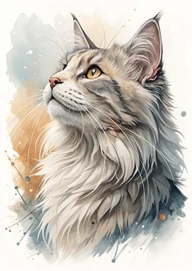Watercolor Maine Coon Cat Portrait