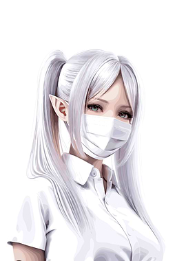 Anime Elf Girl with White Hair and Mask