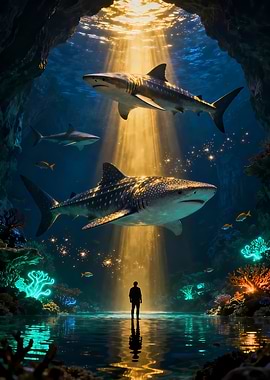 Man and Whale Sharks in Underwater Cave