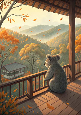 Koala on a Balcony Overlooking Autumn Mountains