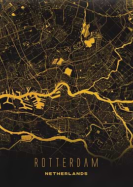 Rotterdam, Netherlands - Golden Port City Map, Wall Art Poster