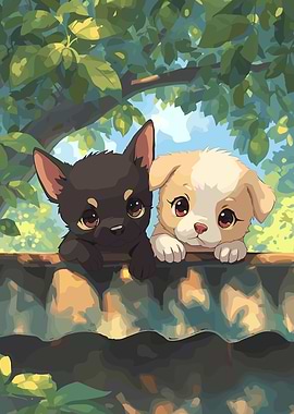 Two Cute Puppies Peeking Over a Ledge