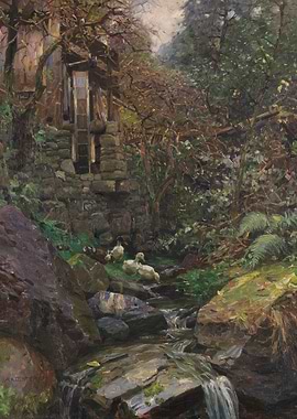 Watermill and Ducks by a Stream