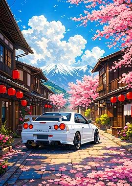 White Nissan Skyline R34 in Cherry Blossom Street