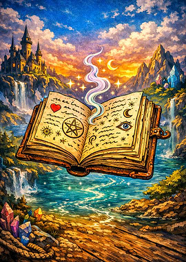 Magical Spellbook Over Enchanted Landscape