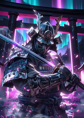 Samurai Warrior with Neon Aurora