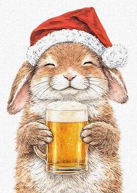 Bunny in Santa Hat with Beer