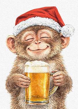 Monkey in Santa Hat with Beer
