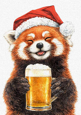 Red Panda in Santa Hat with Beer