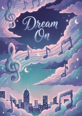 Dream On Cityscape with Music Notes