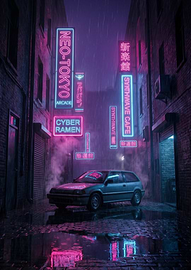 Cyberpunk Neon Alley with Car