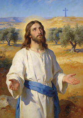 Jesus looking up with outstretched hands