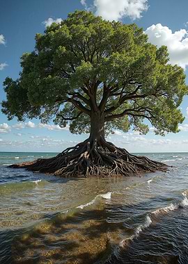 Tree with exposed roots in water