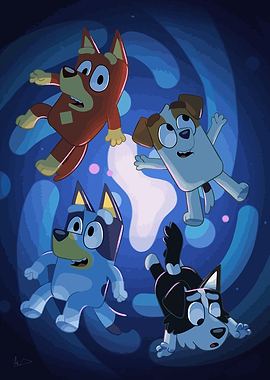 Bluey Characters in a Swirling Vortex