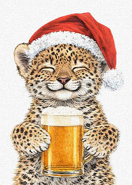 Cute Leopard Cub with Beer and Santa Hat