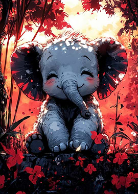 Cute Baby Elephant in Red Forest