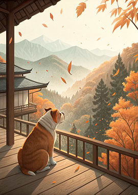 Bulldog on a Japanese Balcony in Autumn