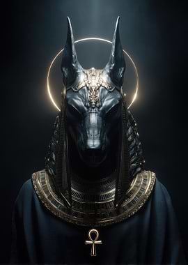 Anubis with Golden Halo and Ankh