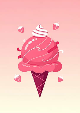 Strawberry Ice Cream Cone with Strawberries