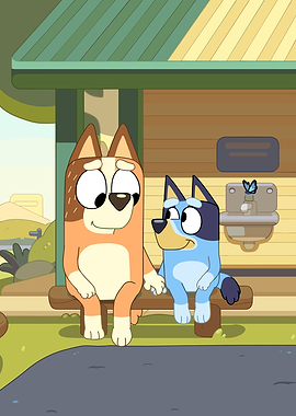 Bluey and Bingo sit on a bench