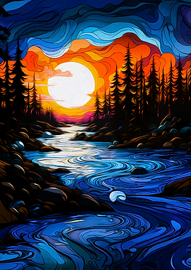 Vibrant Sunset Over Forest River