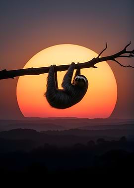 Sloth hanging at sunset