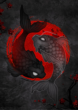 Yin Yang Koi Fish with Cherry Blossoms