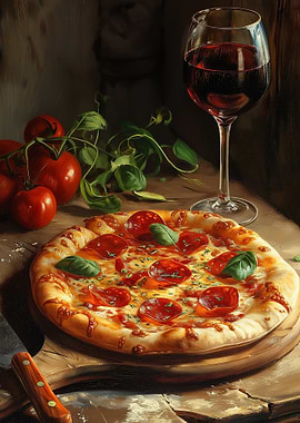 Pepperoni Pizza with Red Wine