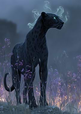 Mystical Black Panther in Foggy Meadow