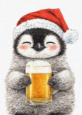Cute Penguin with Santa Hat and Beer