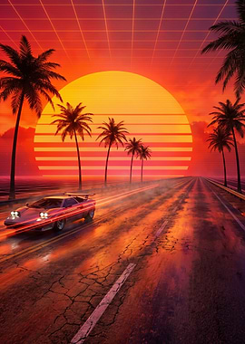 Retro Sunset Drive with Sports Car