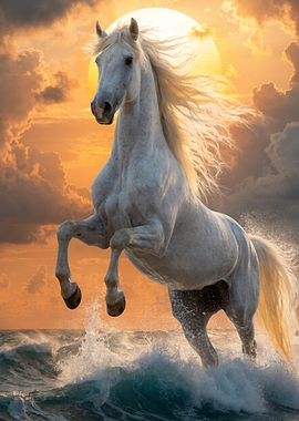 Majestic White Horse Rearing in Ocean Waves