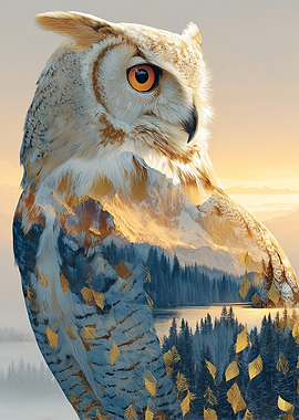 Double Exposure Owl Landscape