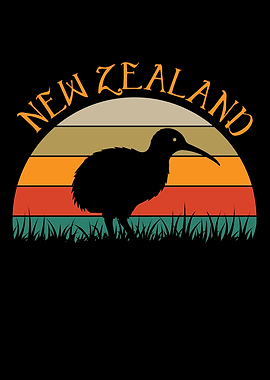 New Zealand Kiwi Bird Retro Sunset