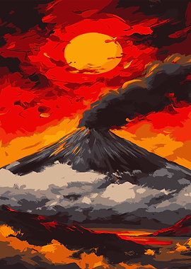 Volcano Erupting Under a Fiery Sky