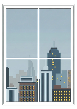 Pixelated Cityscape Through a Window