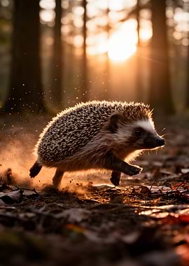 Hedgehog running in forest at sunset